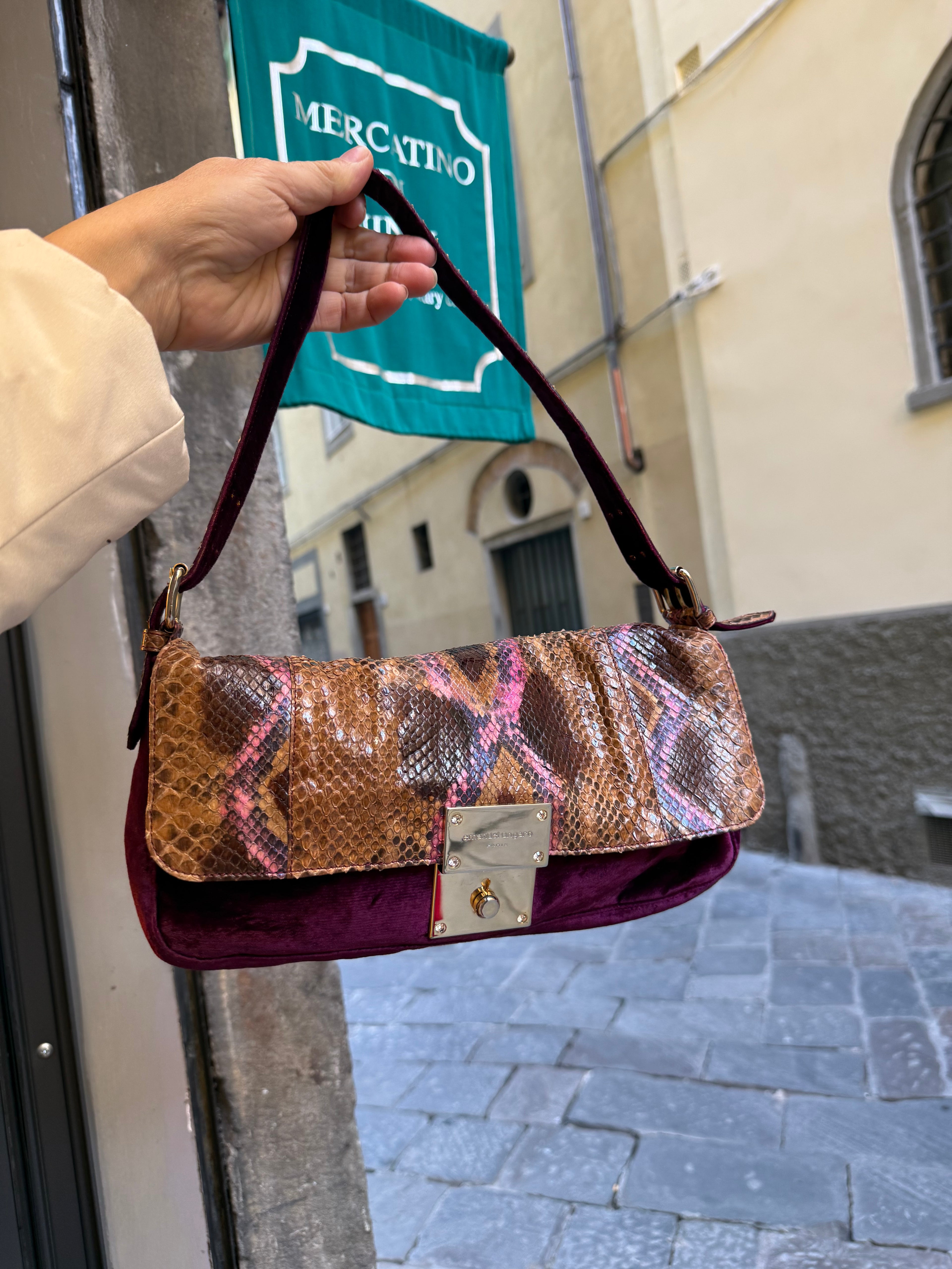 Emanuel Ungaro Borsa Baguette Pitone e Velluto Bordeaux - Mercatino di Ninni