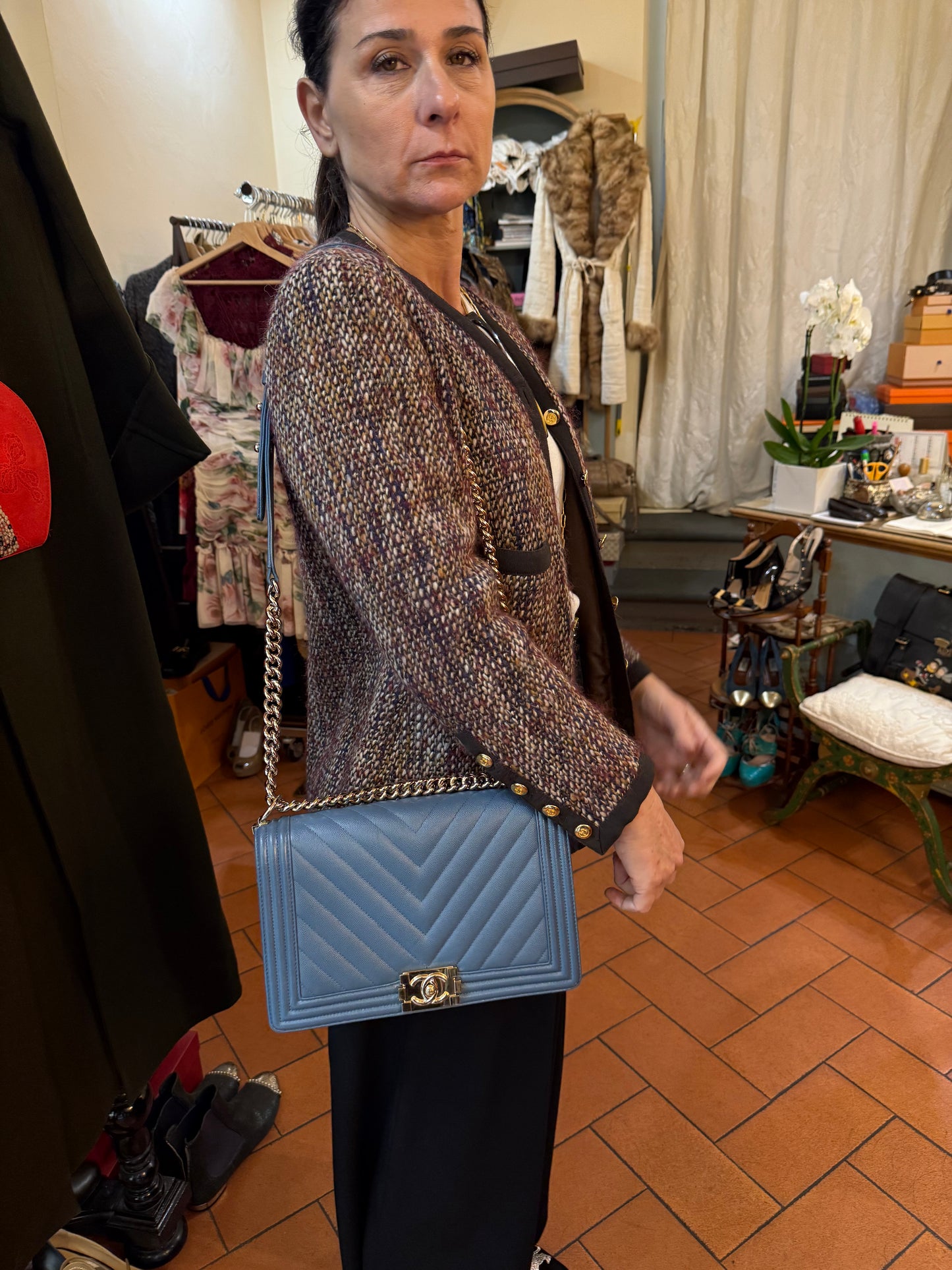 Chanel Borsa Boy Pelle Caviar Blu