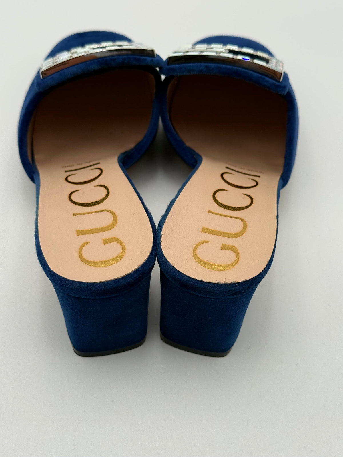 Gucci Madelyn Blue Velvet Mules with Crystal G Buckle