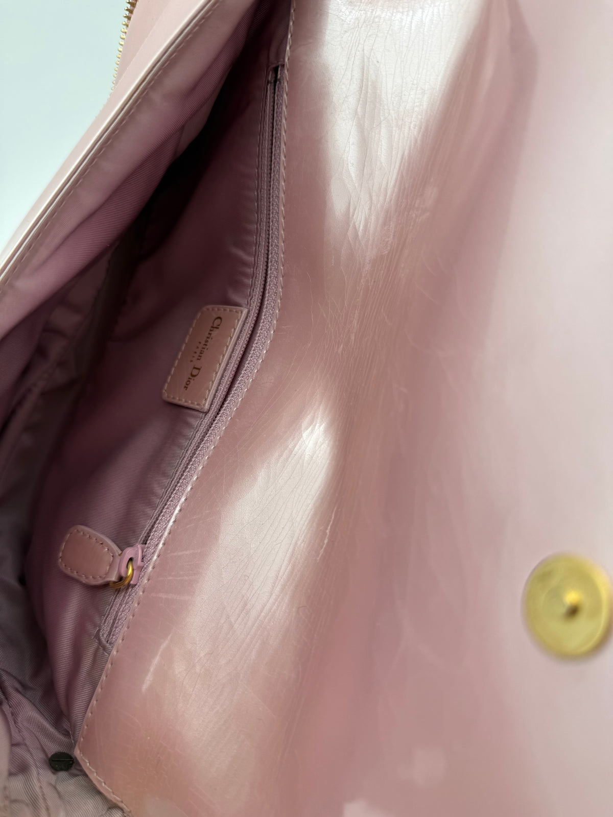 Christian Dior Saddle Zipper BowVintage in Pelle Rosa cipria Metallizzata