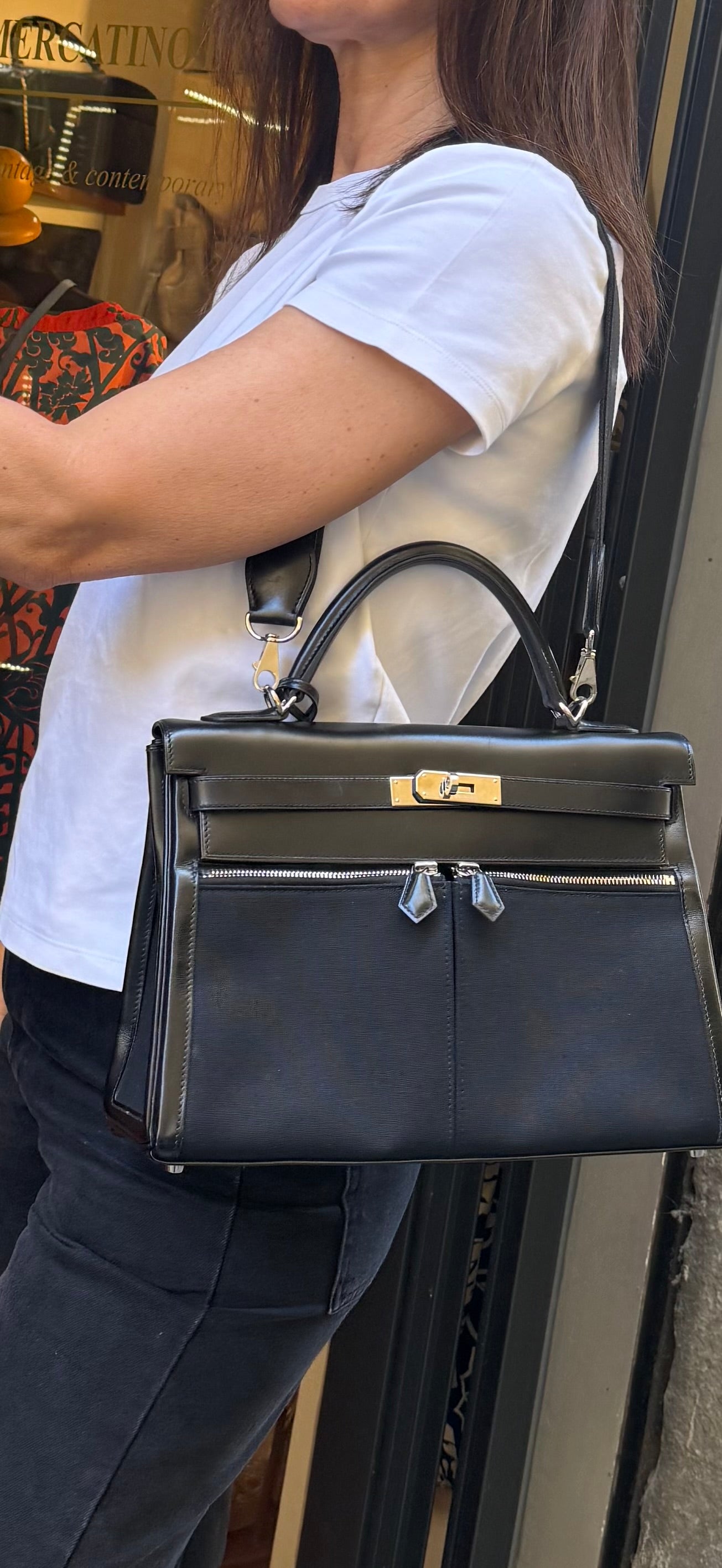 Borsa Hermès kelly Lakis 32 Vintage in Pelle Box e Tela Toile Nera