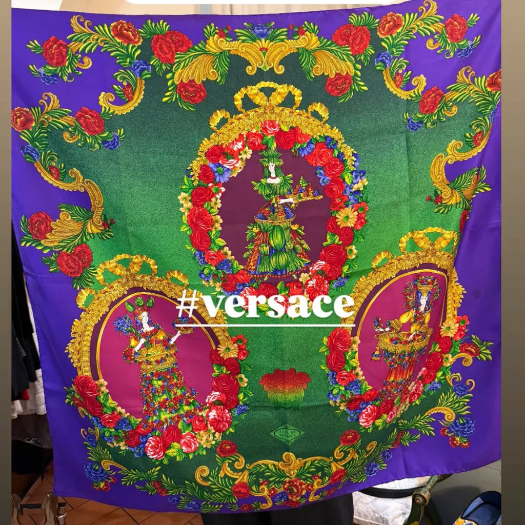 Foulard Atelier Versace in Seta 1993 La Belle Jardinière Viola e Verde - Mercatino di Ninni