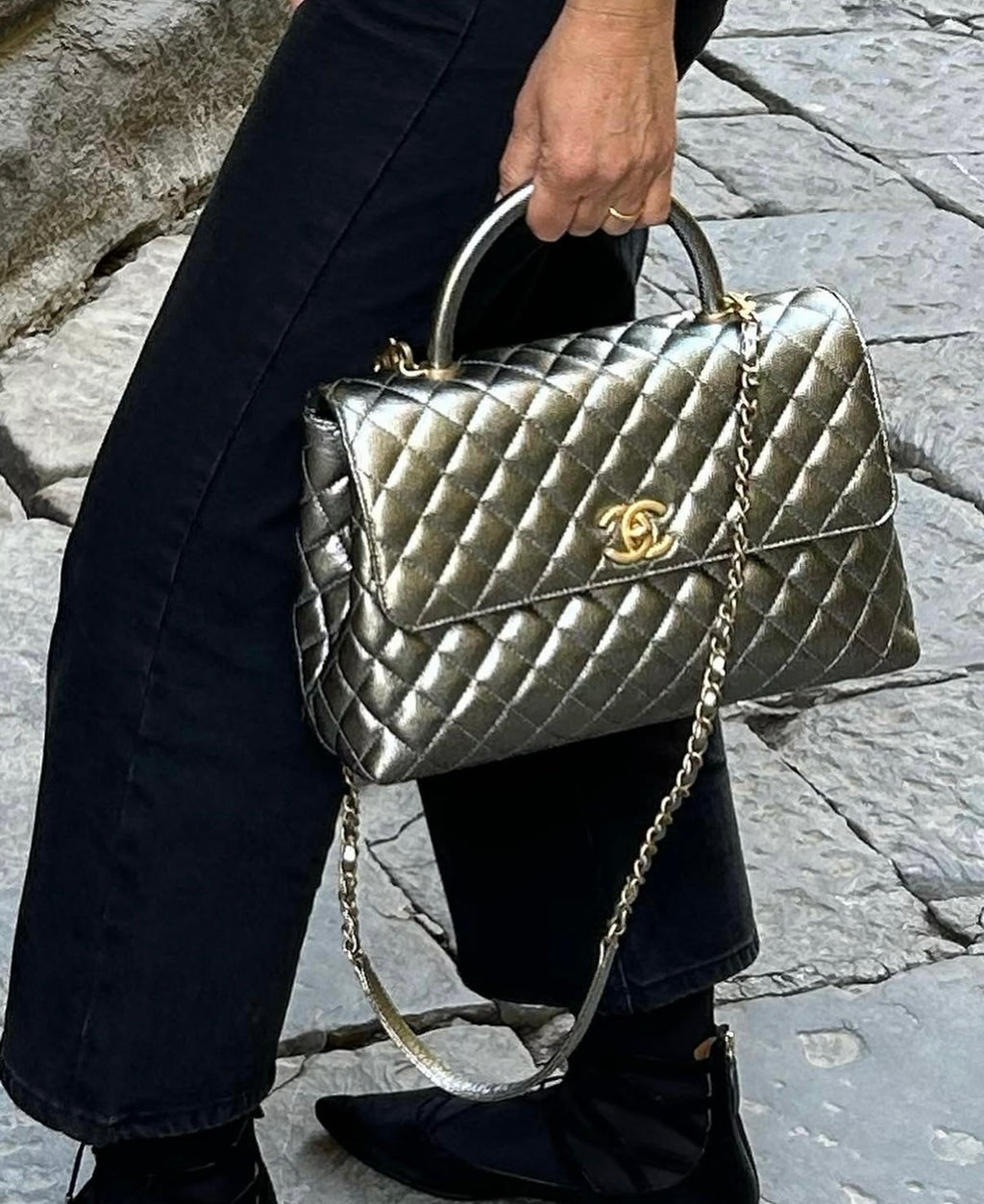Chanel Borsa Coco Handle in Pelle Caviar Argento