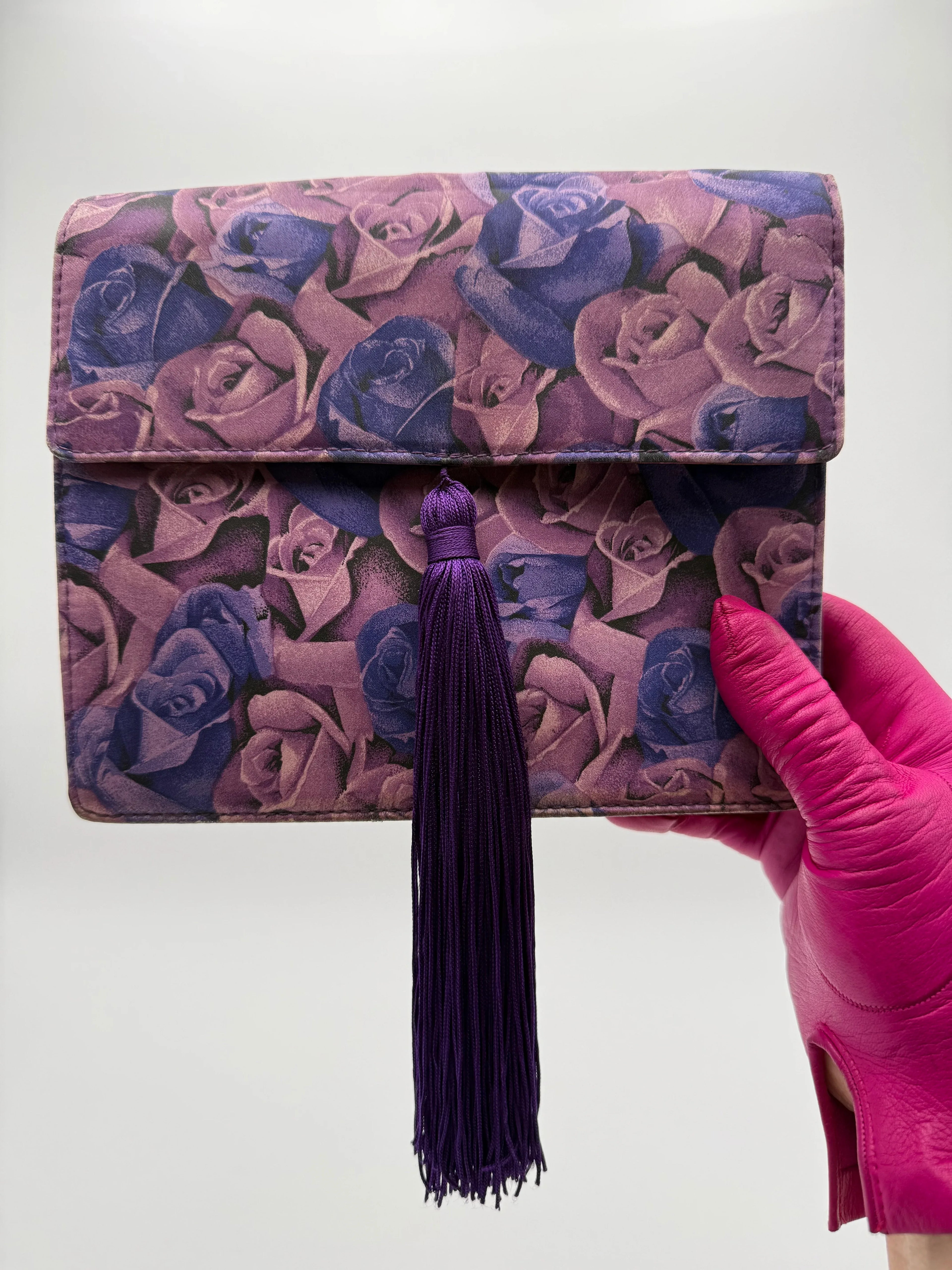 Gianni Versace Pochette Vintage in Tessuto Stampa Rose Viola - Mercatino di Ninni