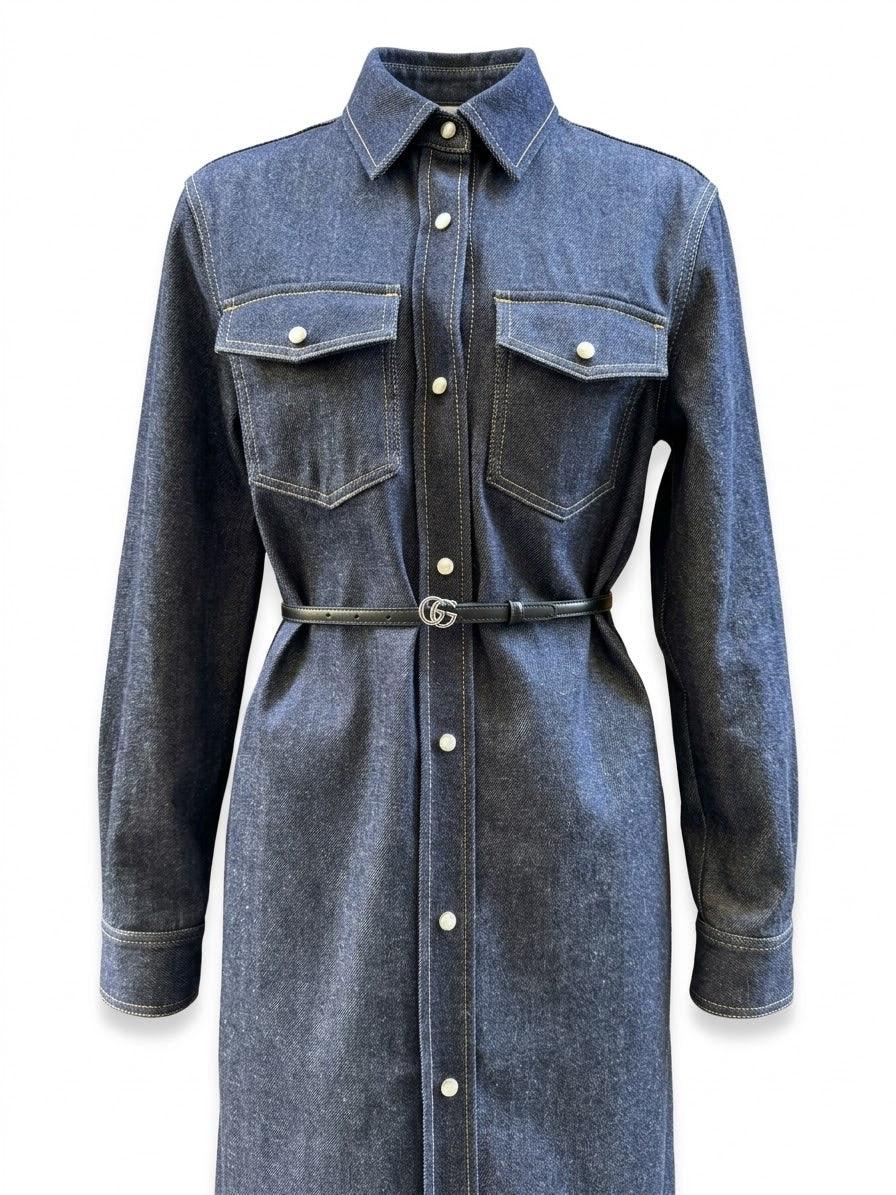 Gucci Abito Chemisier con Cintura e Banda Logo in Denim Blu Navy - Mercatino di Ninni