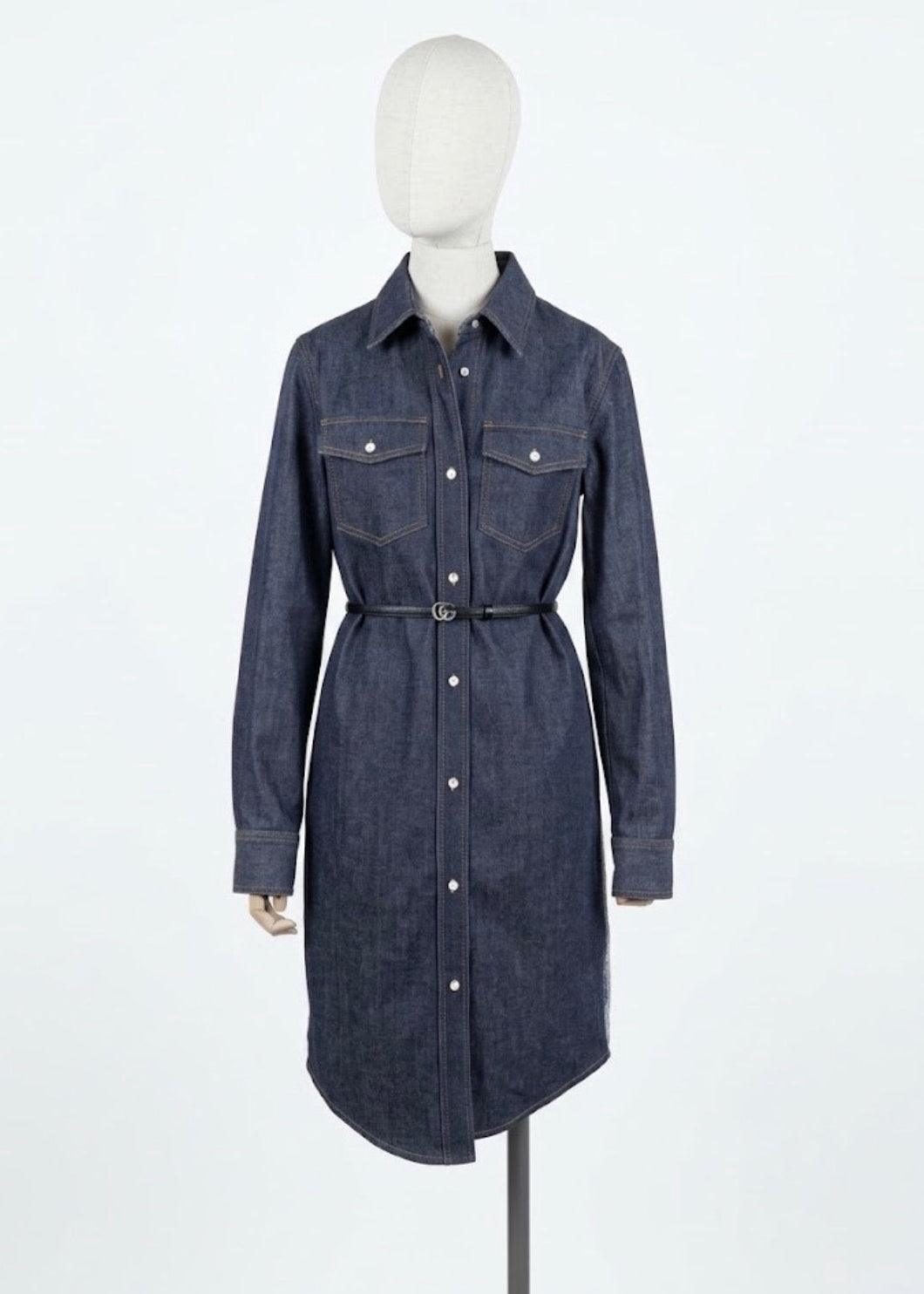 Gucci Abito Chemisier con Cintura e Banda Logo in Denim Blu Navy - Mercatino di Ninni