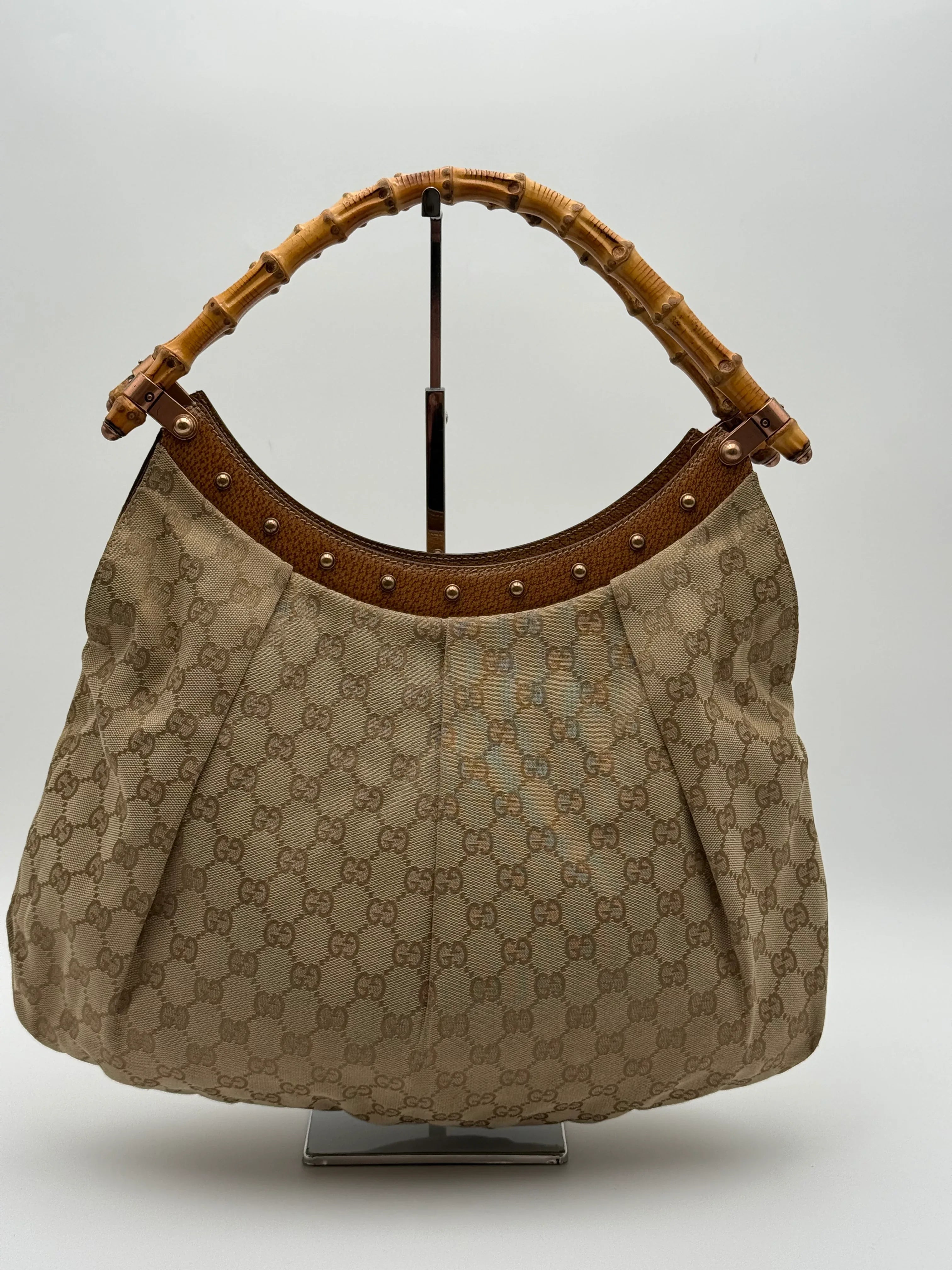 Gucci Borsa Hobo Bamboo GG Monogram in Tela Beige - Mercatino di Ninni