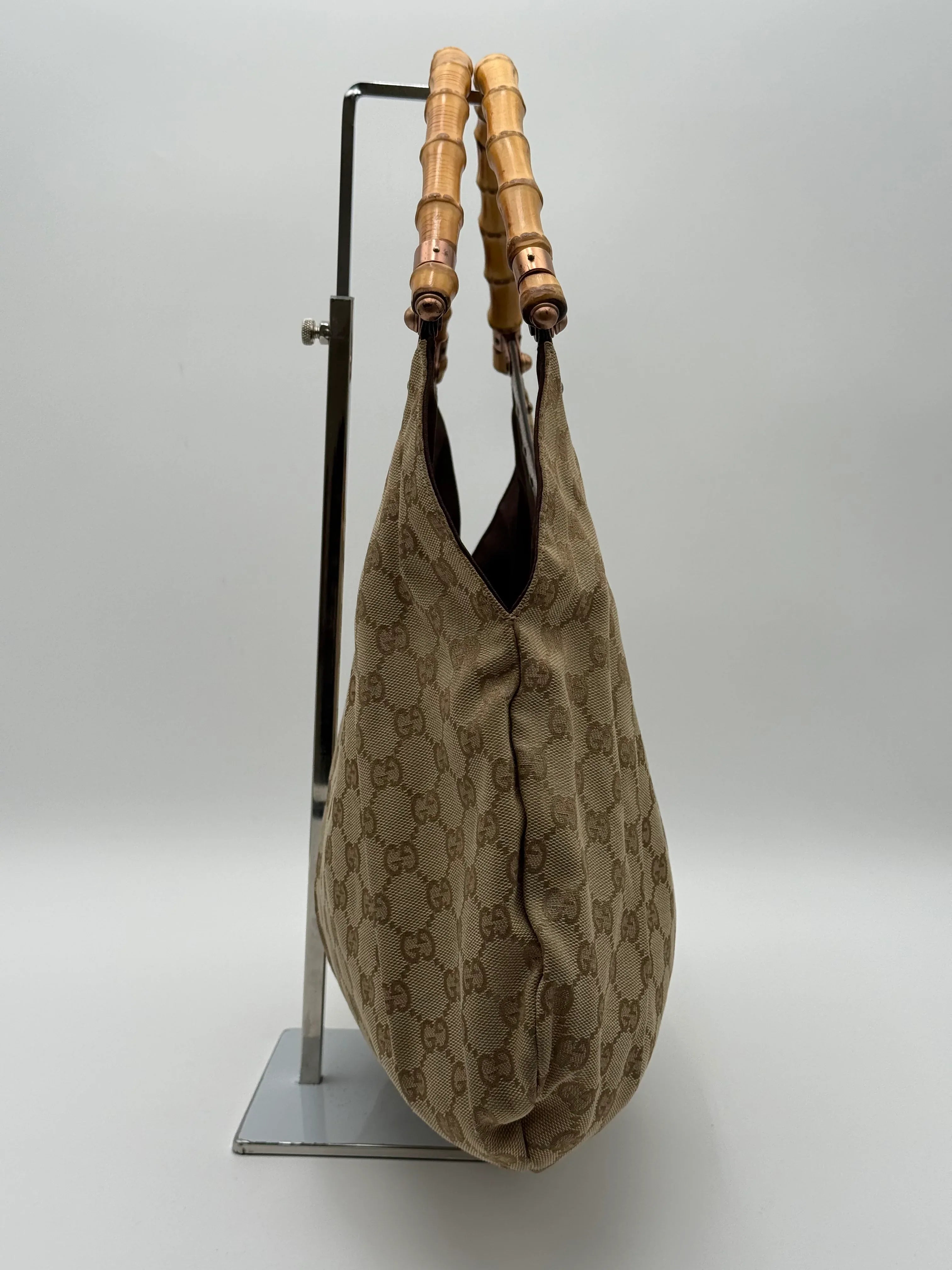 Gucci Borsa Hobo Bamboo GG Monogram in Tela Beige - Mercatino di Ninni