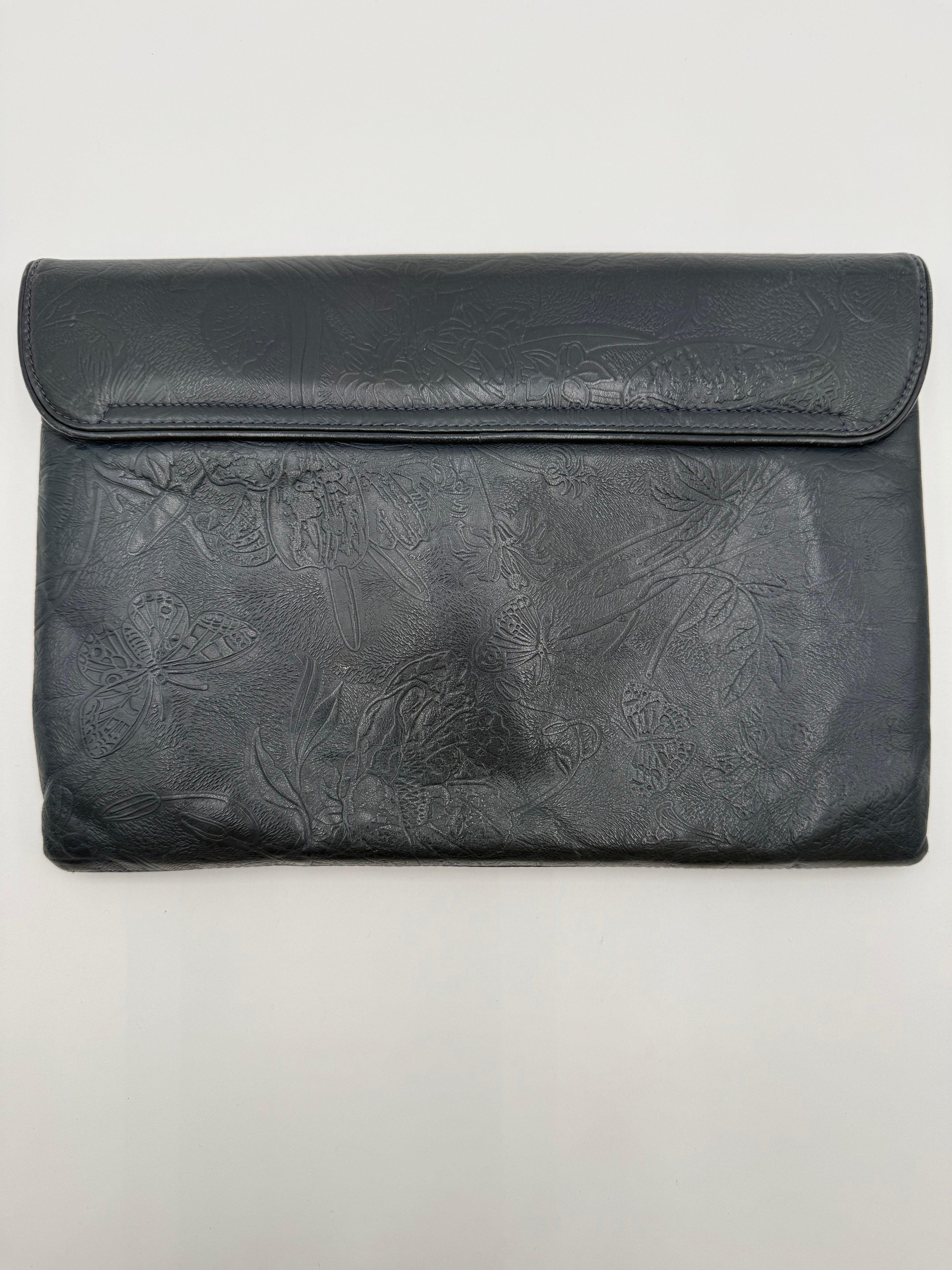 Gucci Pochette Vintage in Pelle Goffrata Flora Blu Navy