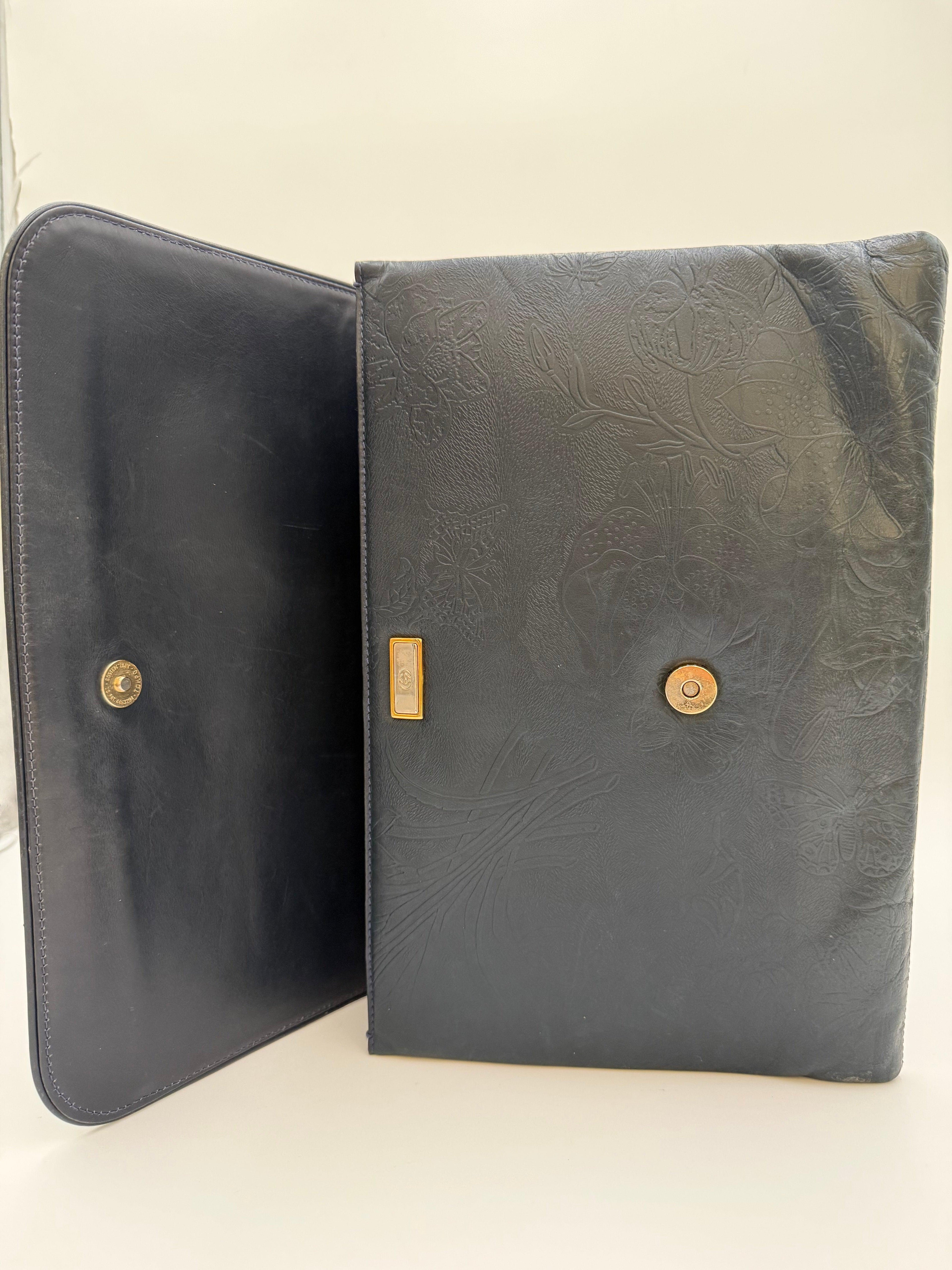 Gucci Pochette Vintage in Pelle Goffrata Flora Blu Navy