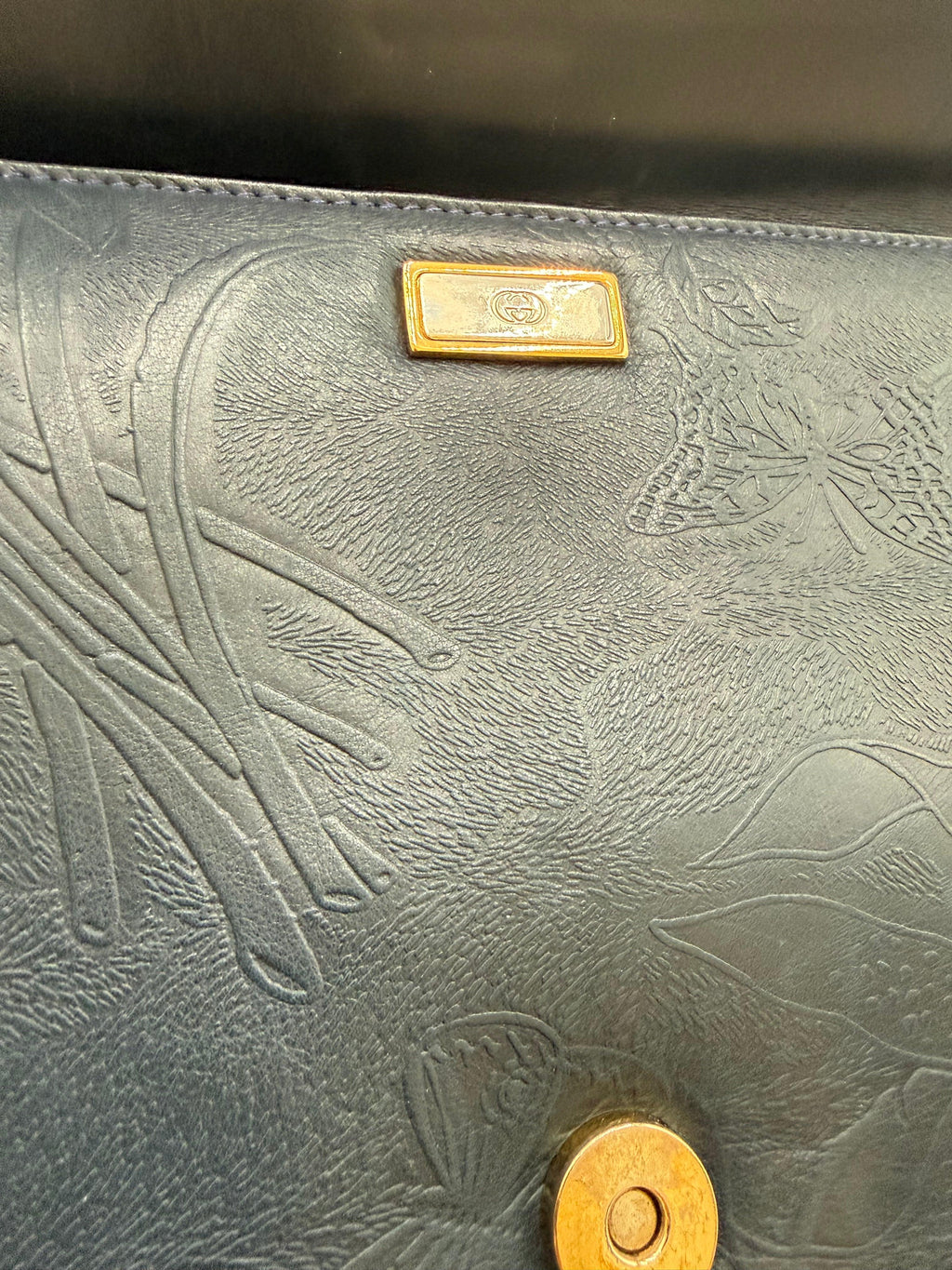 Gucci Pochette Vintage in Pelle Goffrata Flora Blu Navy