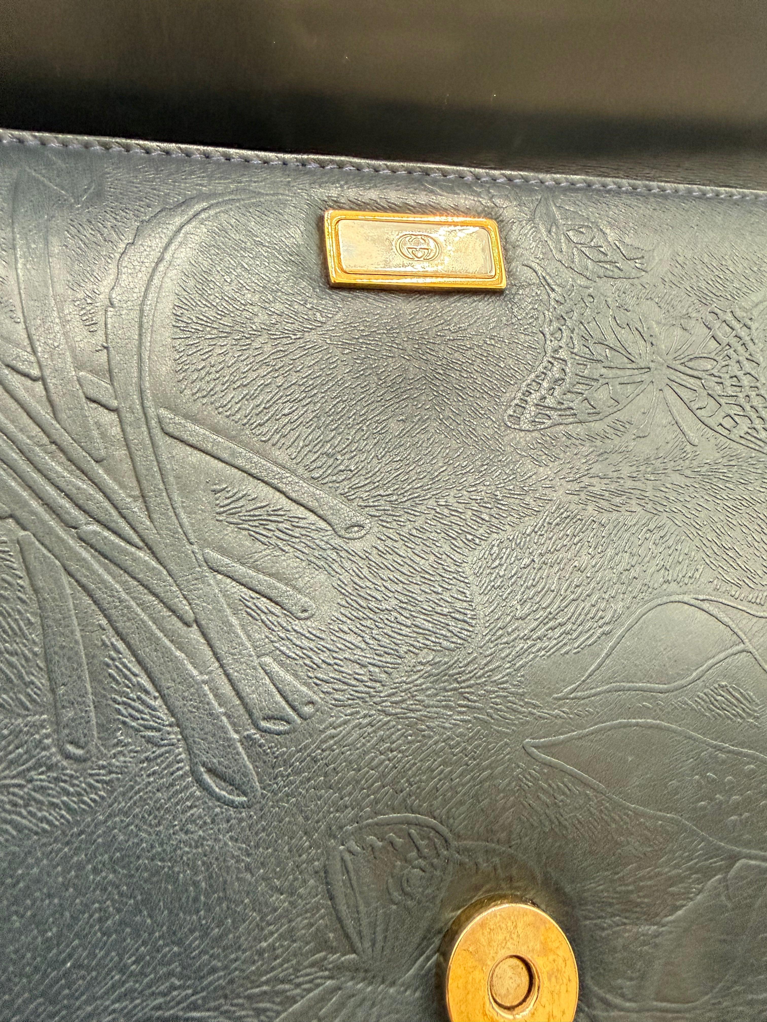 Gucci Pochette Vintage in Pelle Goffrata Flora Blu Navy