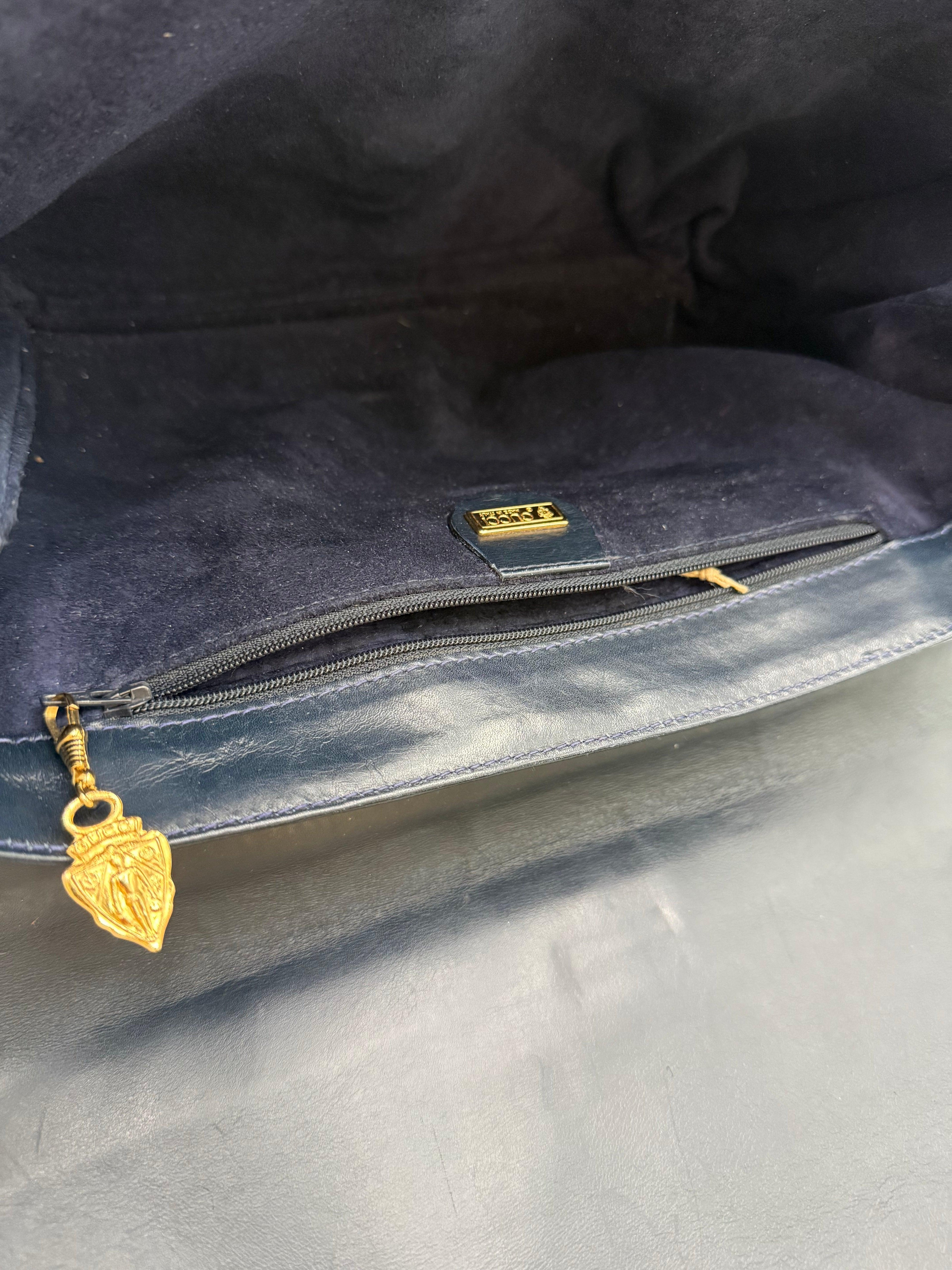 Gucci Pochette Vintage in Pelle Goffrata Flora Blu Navy