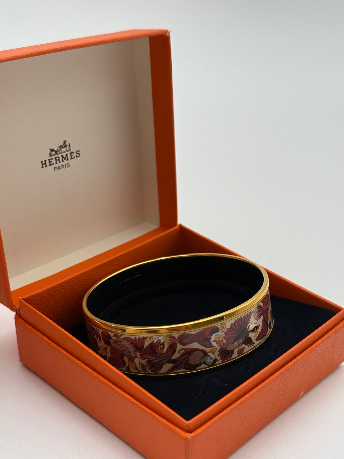 Hermès Bracciale Rigido in Smalto Motivo Uccelli