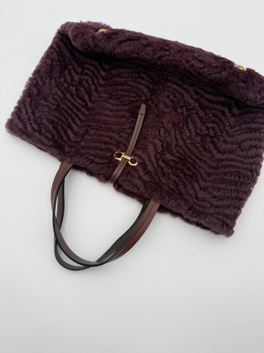 Salvatore Ferragamo Borsa Tote in Shearling Bordeaux Viola Prugna - Mercatino di Ninni