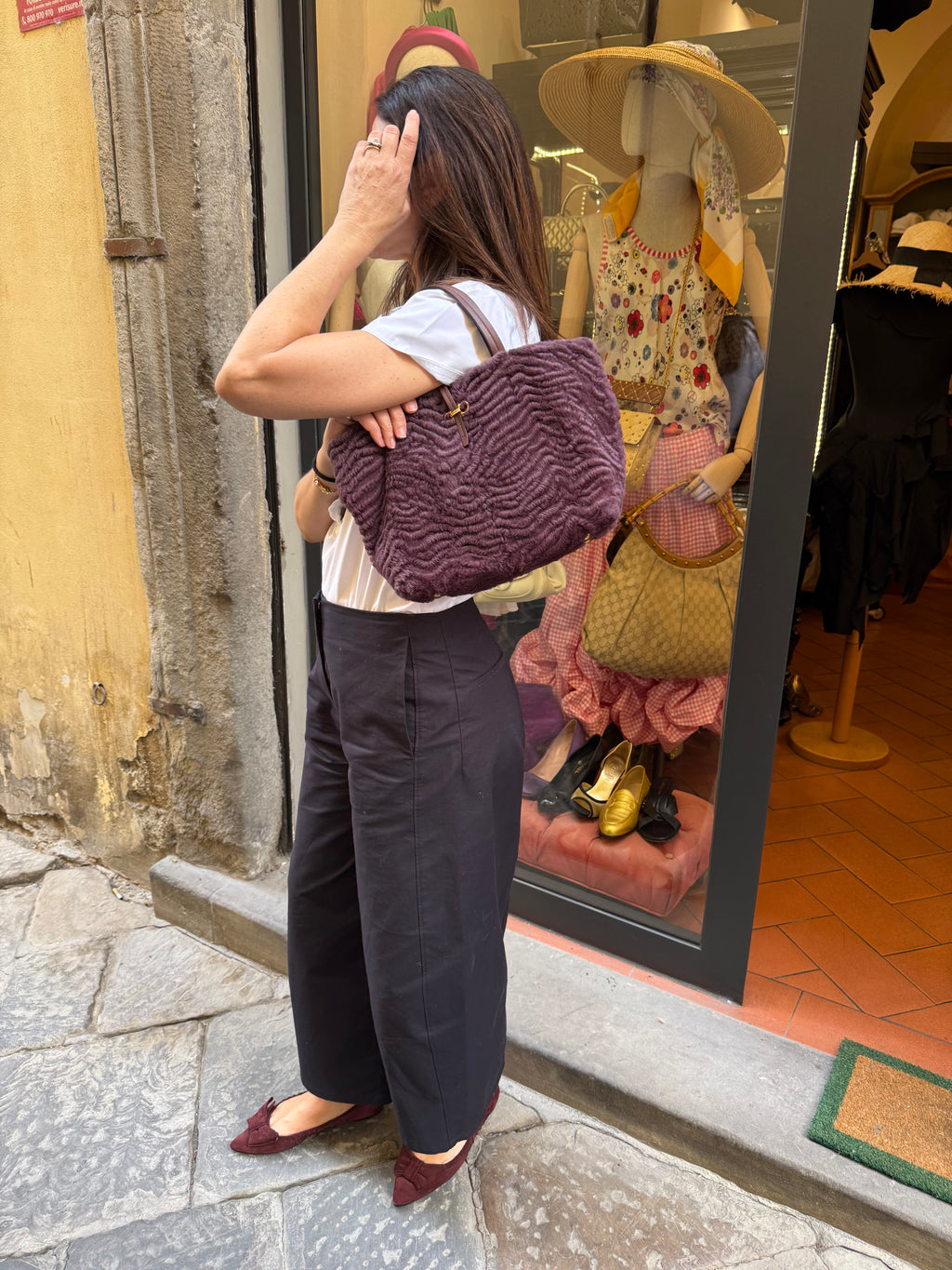 Salvatore Ferragamo Borsa Tote in Shearling Bordeaux Viola Prugna - Mercatino di Ninni