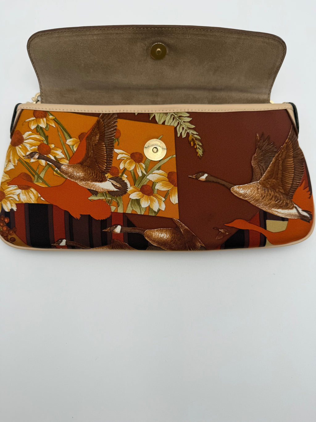 Salvatore Ferragamo Borsa a Spalla Vintage in Seta e Pelle con Stampa Fluviale Beige - Mercatino di Ninni