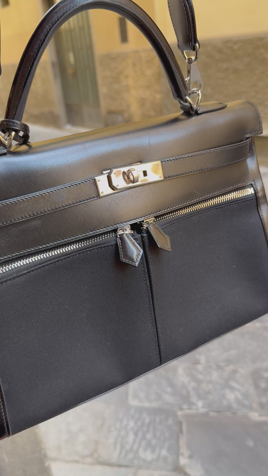 Hermès Borsa Kelly Lakis 32 Vintage in Pelle Box e Tela Toile Nera